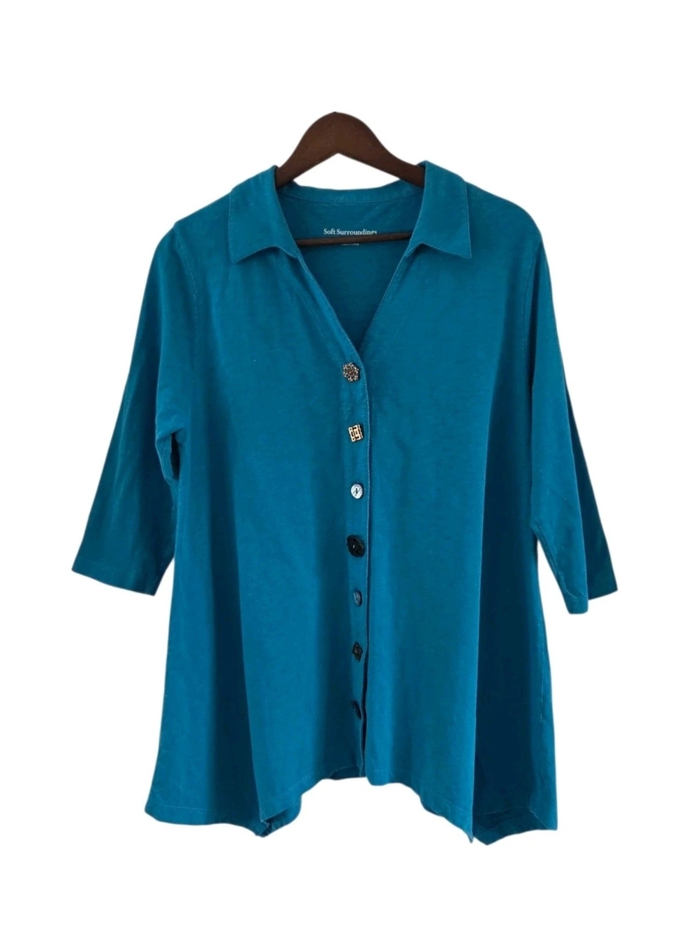 Soft Surroundings Danielle Button Top 3/4 Sleeve Teal Size L Shark Bite Hem Boho